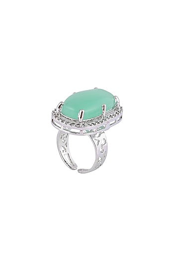 White Finish Aqua Cabochon Stone & Crystal Necklace Set