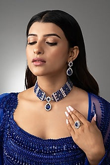 White Finish Cubic Zirconia & Sapphire Stone Necklace Set