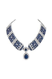 White Finish Cubic Zirconia & Sapphire Stone Necklace Set