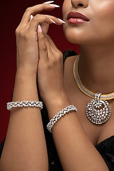 White Finish Cubic Zirconia Bangles (Set Of 2)