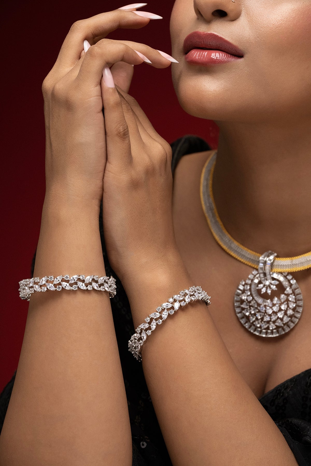 White Finish Cubic Zirconia Bangles (Set Of 2)