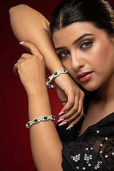 White Finish Cubic Zirconia & Emerald Stone Bangles (Set Of 2)
