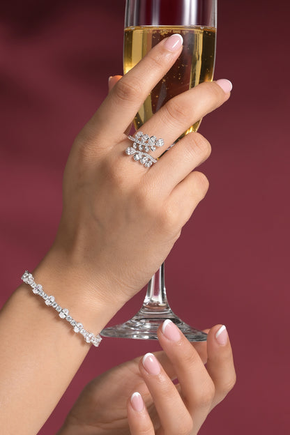 White Rhodium Finish Leaf-Shaped Zircon Branch Ring