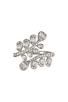 White Rhodium Finish Leaf-Shaped Zircon Branch Ring