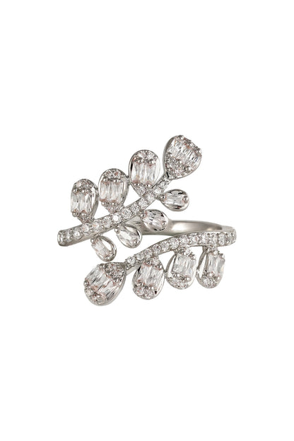White Rhodium Finish Leaf-Shaped Zircon Branch Ring