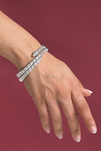 White Rhodium Finish Pave-Set Zircon Wrap-Style Bracelet