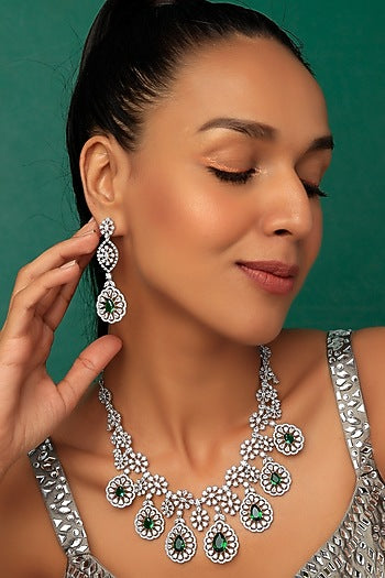 White Finish Faux Diamond Necklace Set