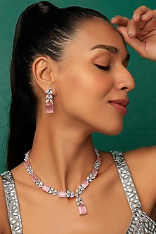 White Finish Pink Quartz Necklace Set