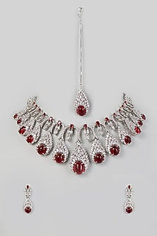 White Finish Necklace Set With Ruby Stones