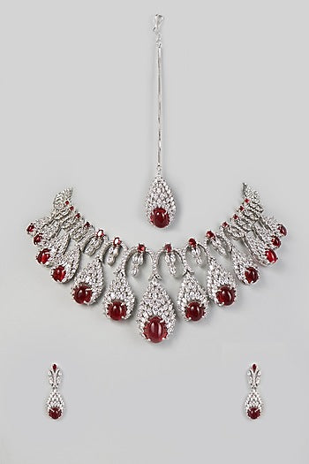 White Finish Necklace Set With Ruby Stones