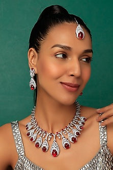 White Finish Necklace Set With Ruby Stones