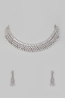 White Finish Necklace Set With Faux Diamonds
