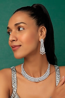 White Finish Necklace Set With Faux Diamonds
