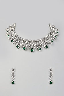 White Finish Necklace Set With Emerald Stones