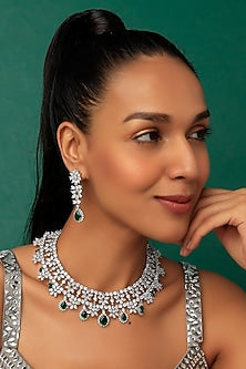 White Finish Necklace Set With Emerald Stones