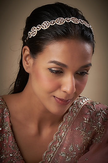 Gold Finish Kundan Polki & Pearl Meenakari Mathapatti