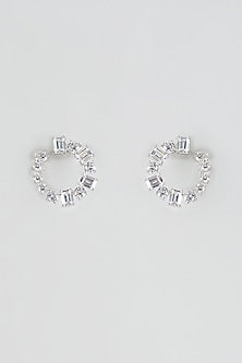 White Rhodium Finish Emerald & Zircon Stud Earrings