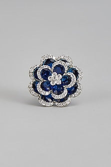 White Rhodium Finish Zircon & Sapphire 3D Floral Ring