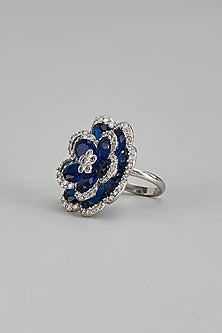 White Rhodium Finish Zircon & Sapphire 3D Floral Ring
