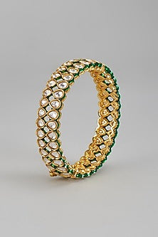 Gold Finish Kundan Polki Green Meenakari Bangle
