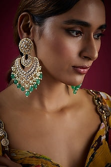 Gold Finish Kundan Polki & Emerald Drop Chandbali Earrings