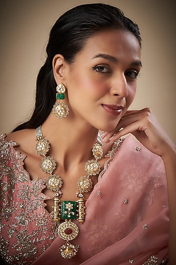 Gold Finish Emerald & Ruby Long Necklace Set