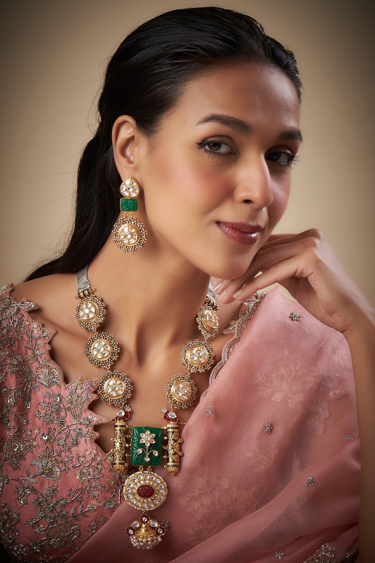 Gold Finish Emerald & Ruby Long Necklace Set