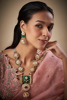 Gold Finish Emerald & Ruby Long Necklace Set