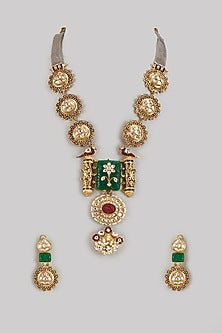 Gold Finish Emerald & Ruby Long Necklace Set