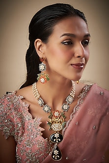 Two Tone Finish Multi-Colored Semi-Precious Stone Long Necklace Set