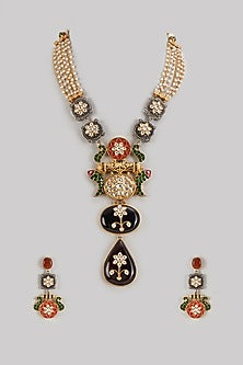 Two Tone Finish Multi-Colored Semi-Precious Stone Long Necklace Set