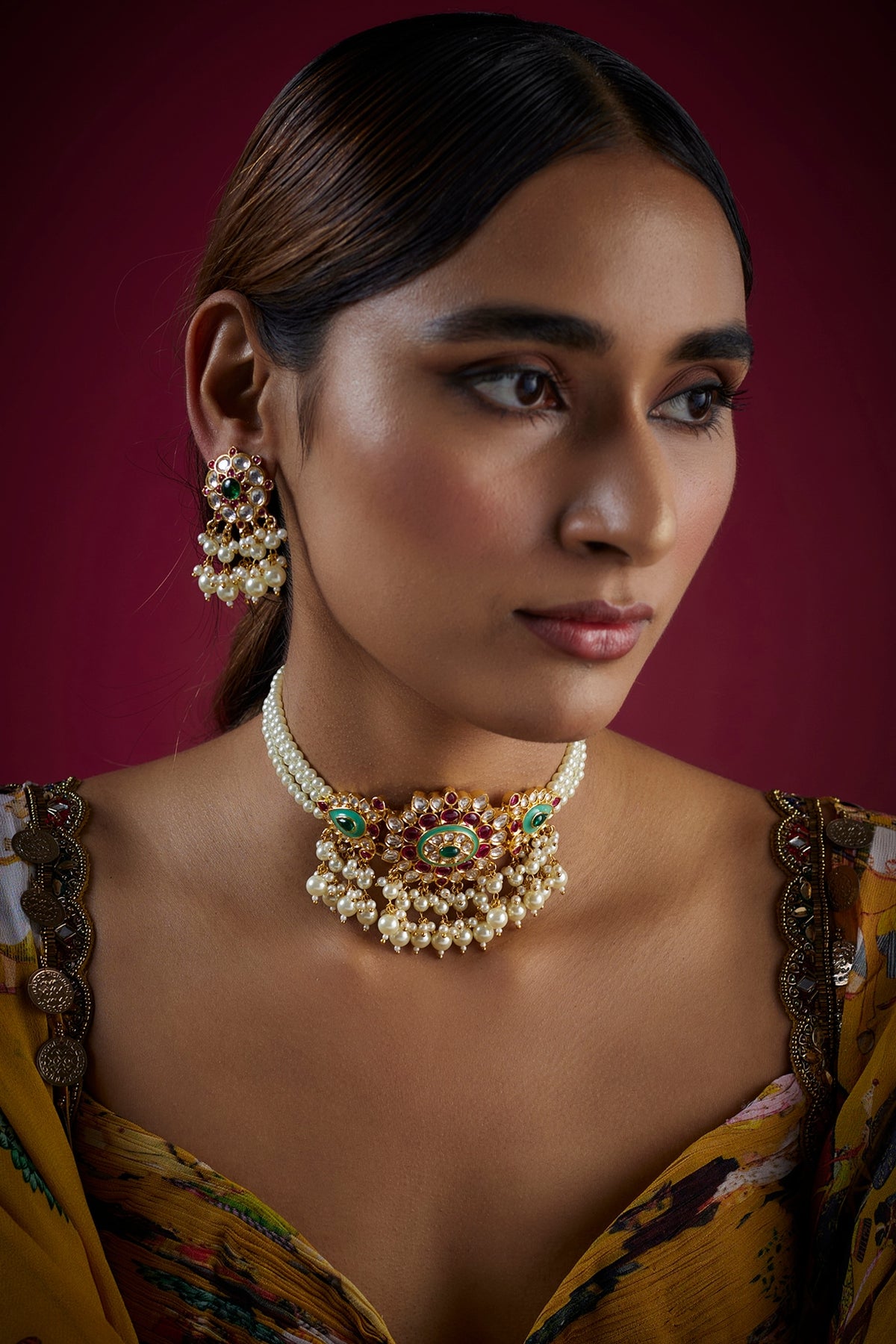Gold Finish Kundan Polki & Pearl Meenakari Choker Necklace Set