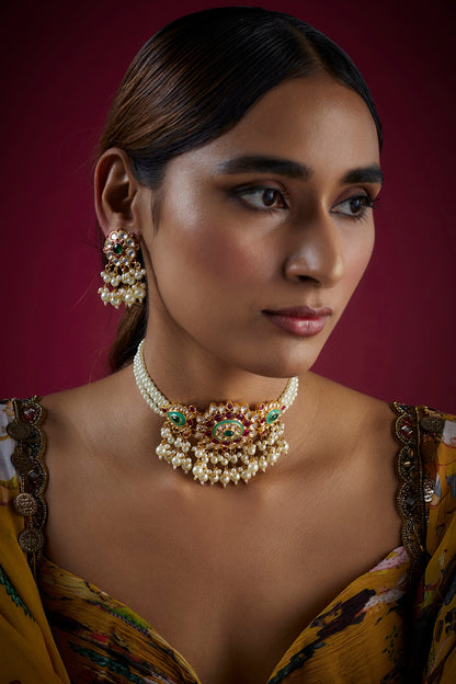 Gold Finish Kundan Polki & Pearl Meenakari Choker Necklace Set