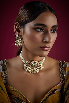 Gold Finish Kundan Polki & Pearl Meenakari Choker Necklace Set