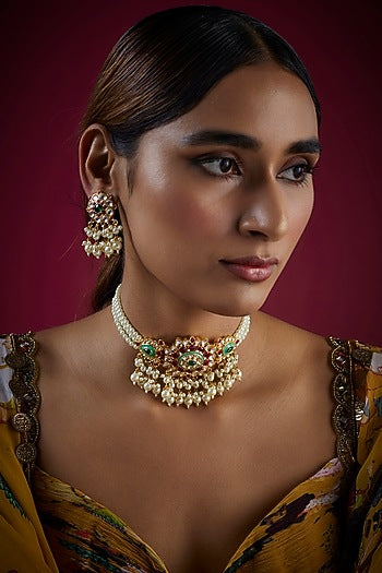 Gold Finish Kundan Polki & Pearl Meenakari Choker Necklace Set