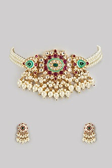 Gold Finish Kundan Polki & Pearl Meenakari Choker Necklace Set