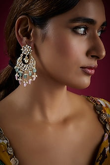 Gold Finish Kundan Polki & Shell Pearl Chandbali Earrings