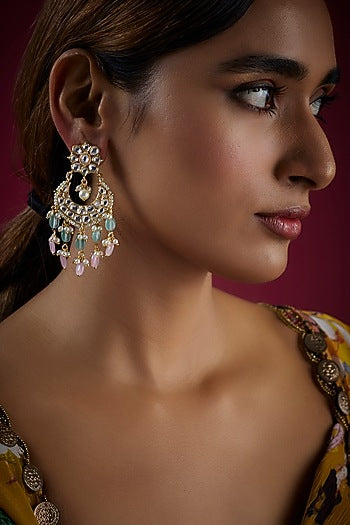 Gold Finish Kundan Polki & Shell Pearl Chandbali Earrings