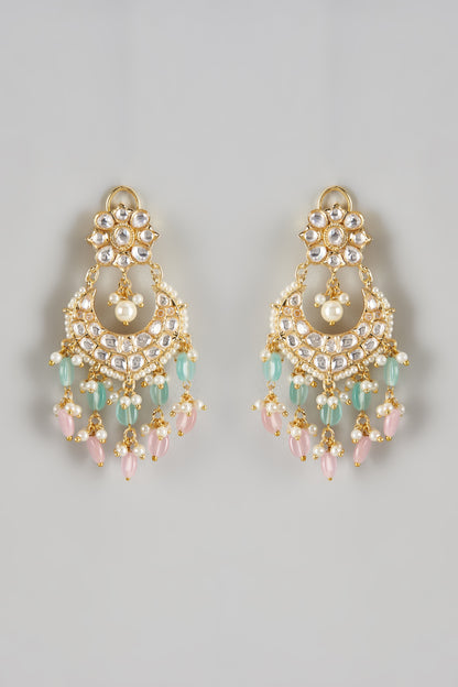 Gold Finish Kundan Polki & Shell Pearl Chandbali Earrings