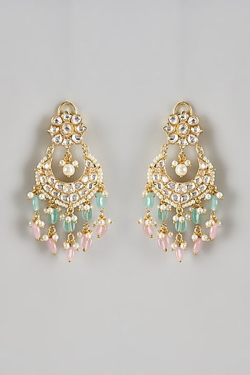 Gold Finish Kundan Polki & Shell Pearl Chandbali Earrings