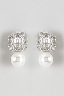 White Finish Zircon & Shell Pearl Dangler Earrings