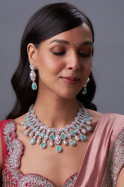 White Rhodium Finish Zircon & Teal Stone Necklace Set