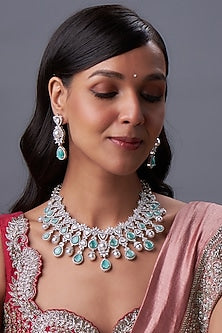 White Rhodium Finish Zircon & Teal Stone Necklace Set