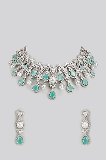 White Rhodium Finish Zircon & Teal Stone Necklace Set