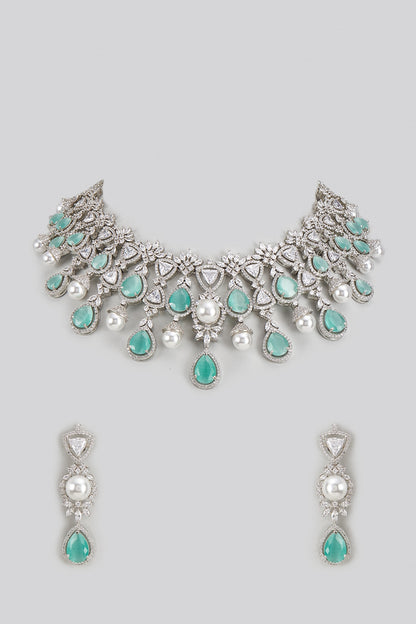 White Rhodium Finish Zircon & Teal Stone Necklace Set