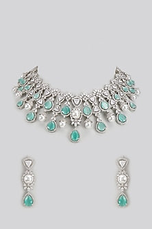 White Rhodium Finish Zircon & Teal Stone Necklace Set