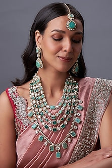 Gold Finish Kundan Polki & Green Doublet Stone Long Necklace Set
