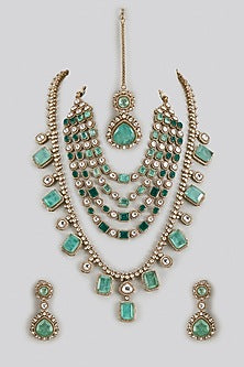 Gold Finish Kundan Polki & Green Doublet Stone Long Necklace Set
