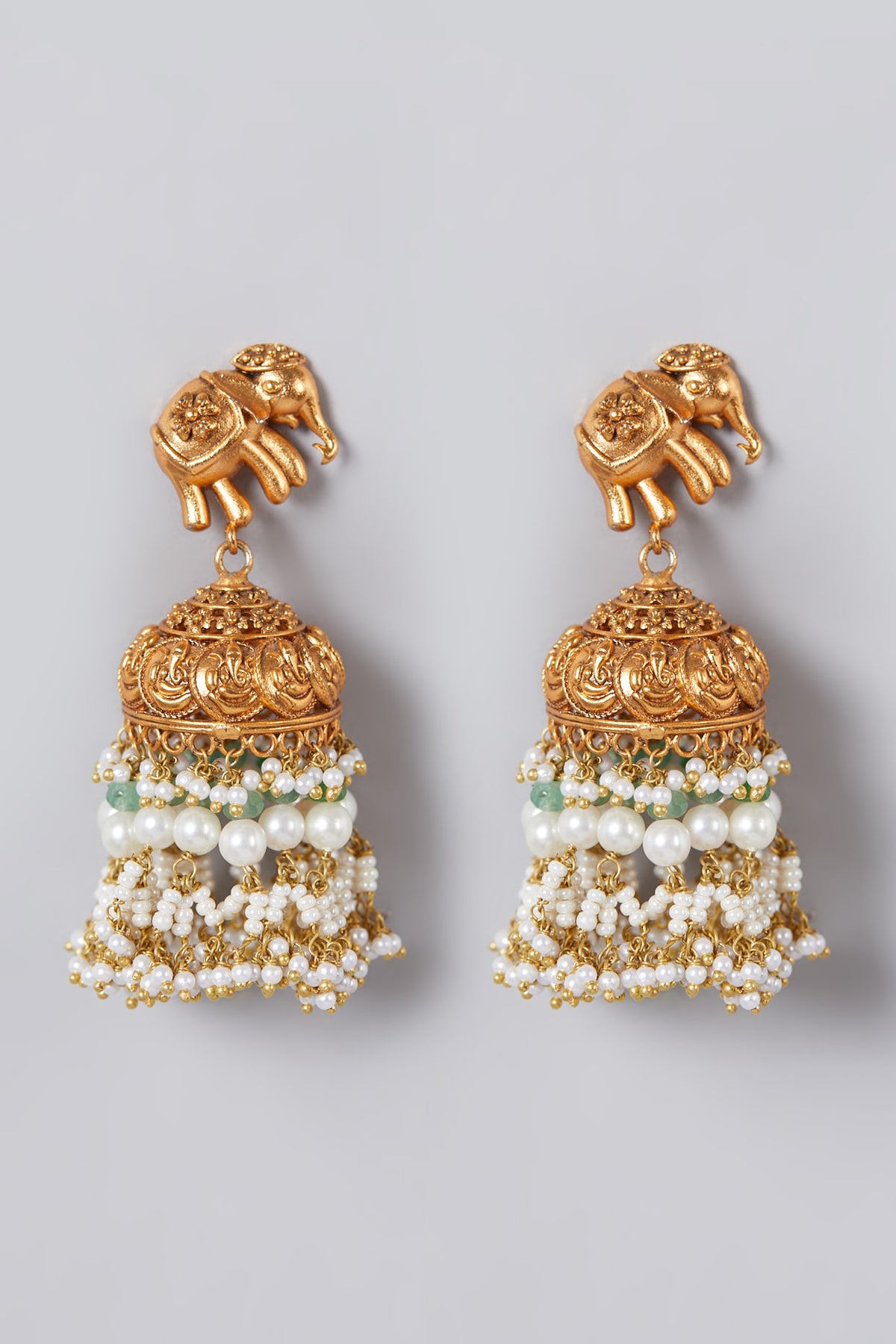 Gold Finish Pearl & Green Onyx Jhumka Earrings