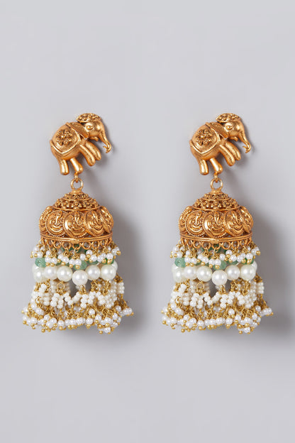 Gold Finish Pearl & Green Onyx Jhumka Earrings